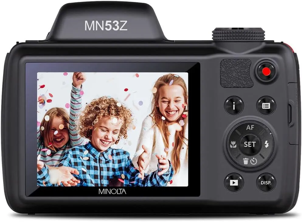 MINOLTA MN53Z 16 MP / 1080P FHD Bridge Digital Camera w/53x Optical Zoom (Red) Bundle with 32GB Memory Card   Camara Bag   Cleaning Kit   Vlogging Tripod   Accessories