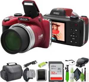 MINOLTA MN53Z 16 MP / 1080P FHD Bridge Digital Camera w/53x Optical Zoom (Red) Bundle with 32GB Memory Card   Camara Bag   Cleaning Kit   Vlogging Tripod   Accessories