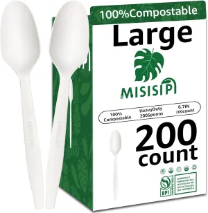MISISIPI [6.7In 200Pcs] 100% Compostable Spoons Biodegradable Spoon HeavyDuty No Plastic Spoons Eco-friendly HeavyWeight Disposable Spoon Tableware Set for Lounge,Party,BBQ,Cafeteria,Wedding,Picnic