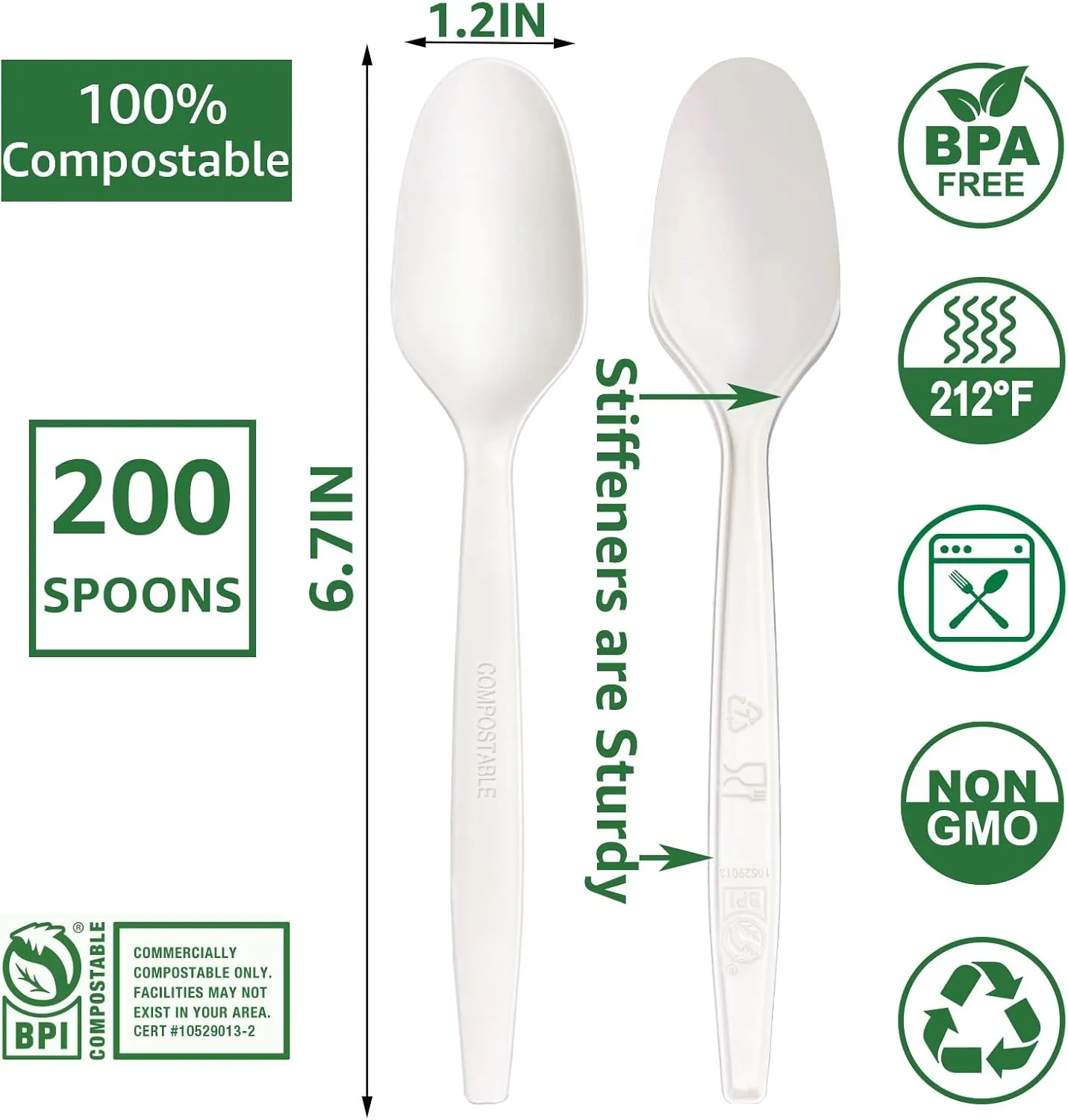 MISISIPI [6.7In 200Pcs] 100% Compostable Spoons Biodegradable Spoon HeavyDuty No Plastic Spoons Eco-friendly HeavyWeight Disposable Spoon Tableware Set for Lounge,Party,BBQ,Cafeteria,Wedding,Picnic