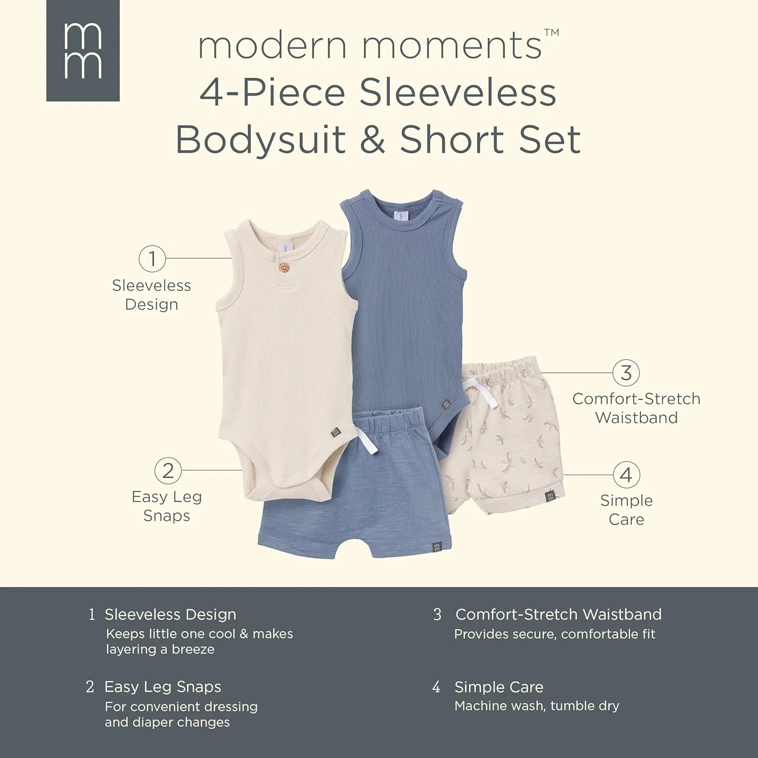 Modern Moments by Gerber Baby Boys' Ribbed 4-piece Sleevless Bodysuit & French Terry Short Set