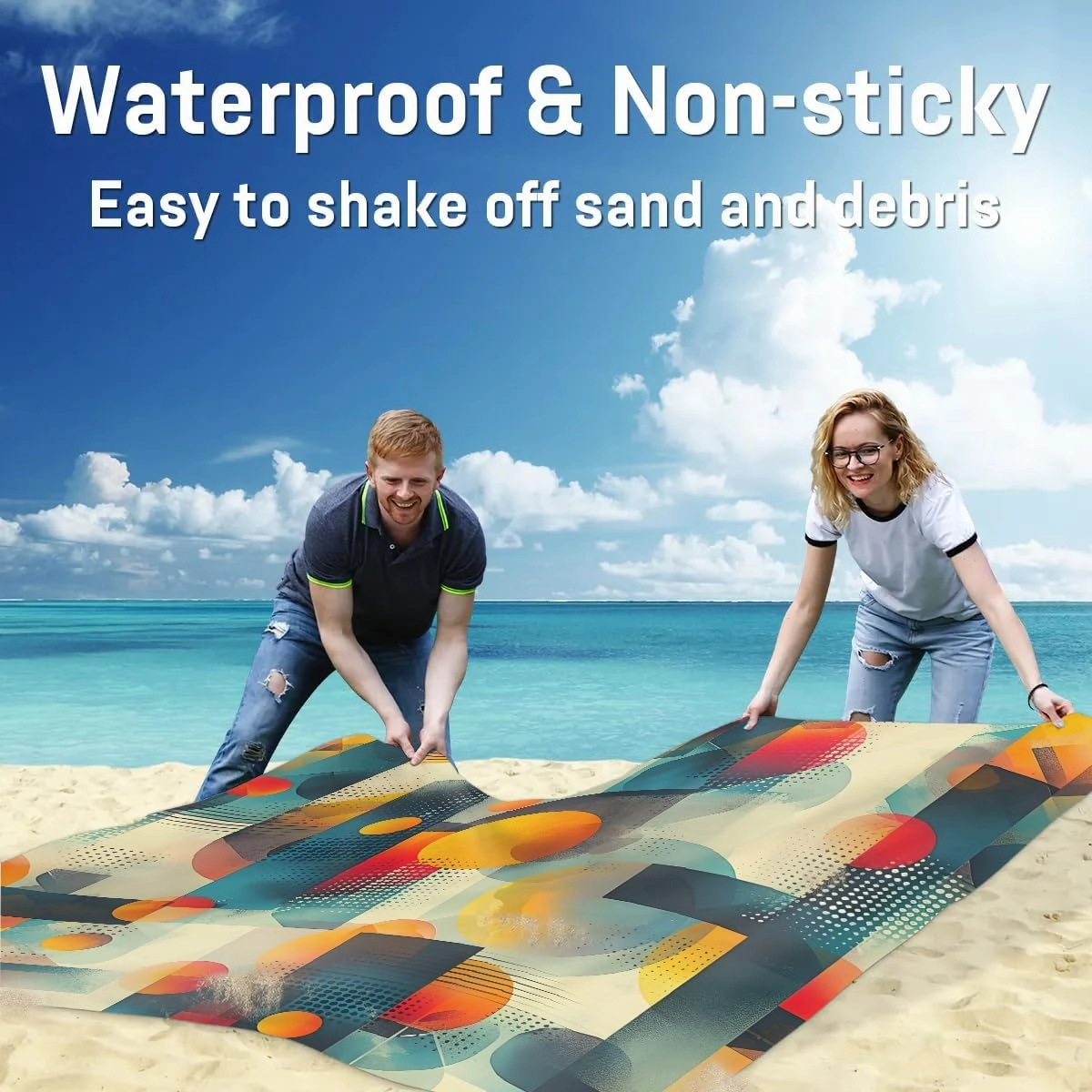 Modern Geometric Beach Blanket, Sandproof Beach Mat, 68 x 59 Waterproof Quick Drying Sand Free Mat with 4 x Ground Spikes for Outdoor Travel Camping Hiking, Abstract Art Painted