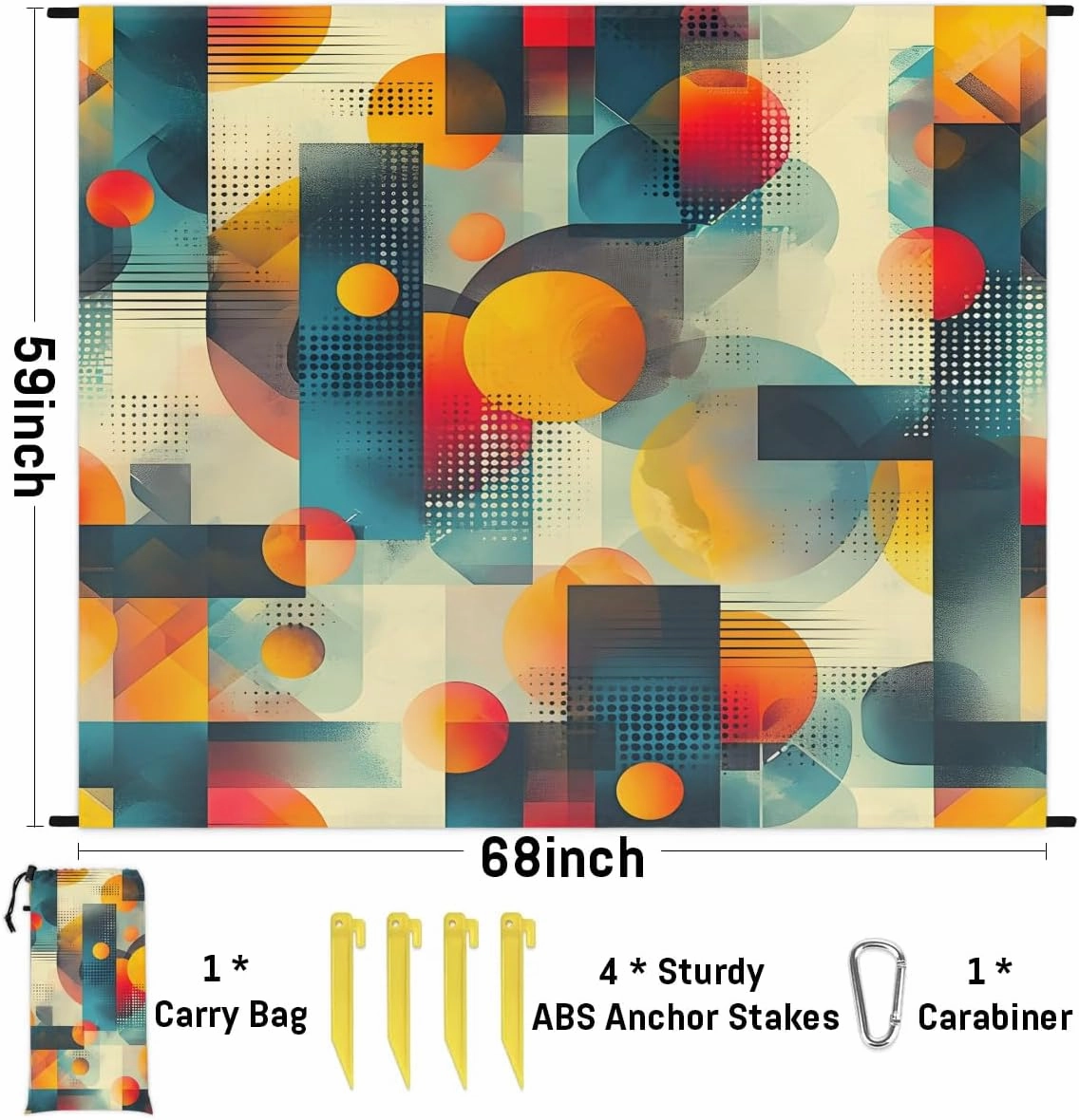 Modern Geometric Beach Blanket, Sandproof Beach Mat, 68 x 59 Waterproof Quick Drying Sand Free Mat with 4 x Ground Spikes for Outdoor Travel Camping Hiking, Abstract Art Painted