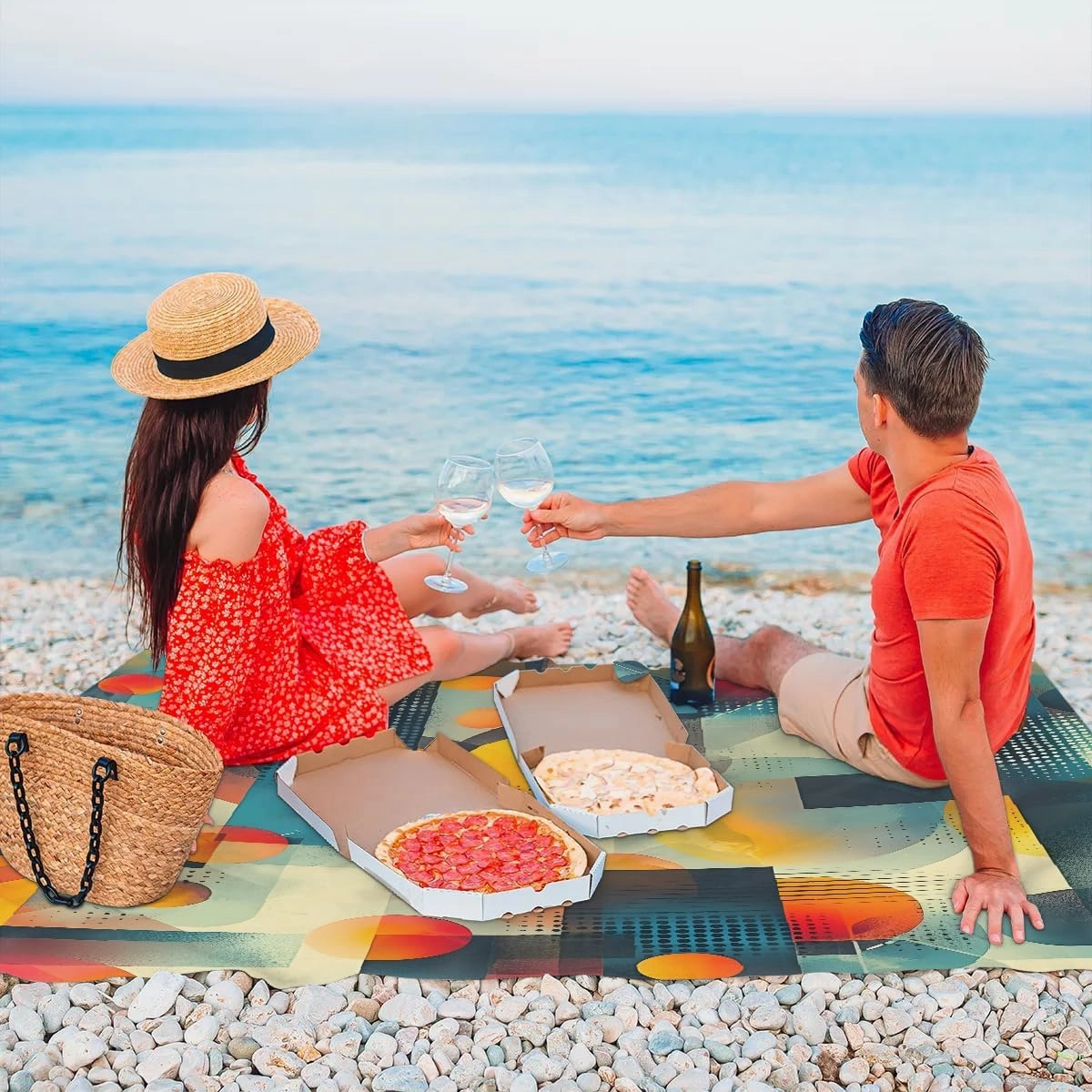 Modern Geometric Beach Blanket, Sandproof Beach Mat, 68 x 59 Waterproof Quick Drying Sand Free Mat with 4 x Ground Spikes for Outdoor Travel Camping Hiking, Abstract Art Painted