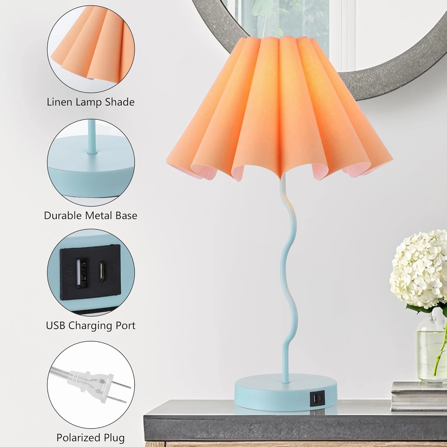Modern Table Lamp for Bedroom Nightstand Touch Lamps Set of 2 Orange Blue Lamps for Living Room End Table Dimmable Table Lamp with USB Port and Outlet