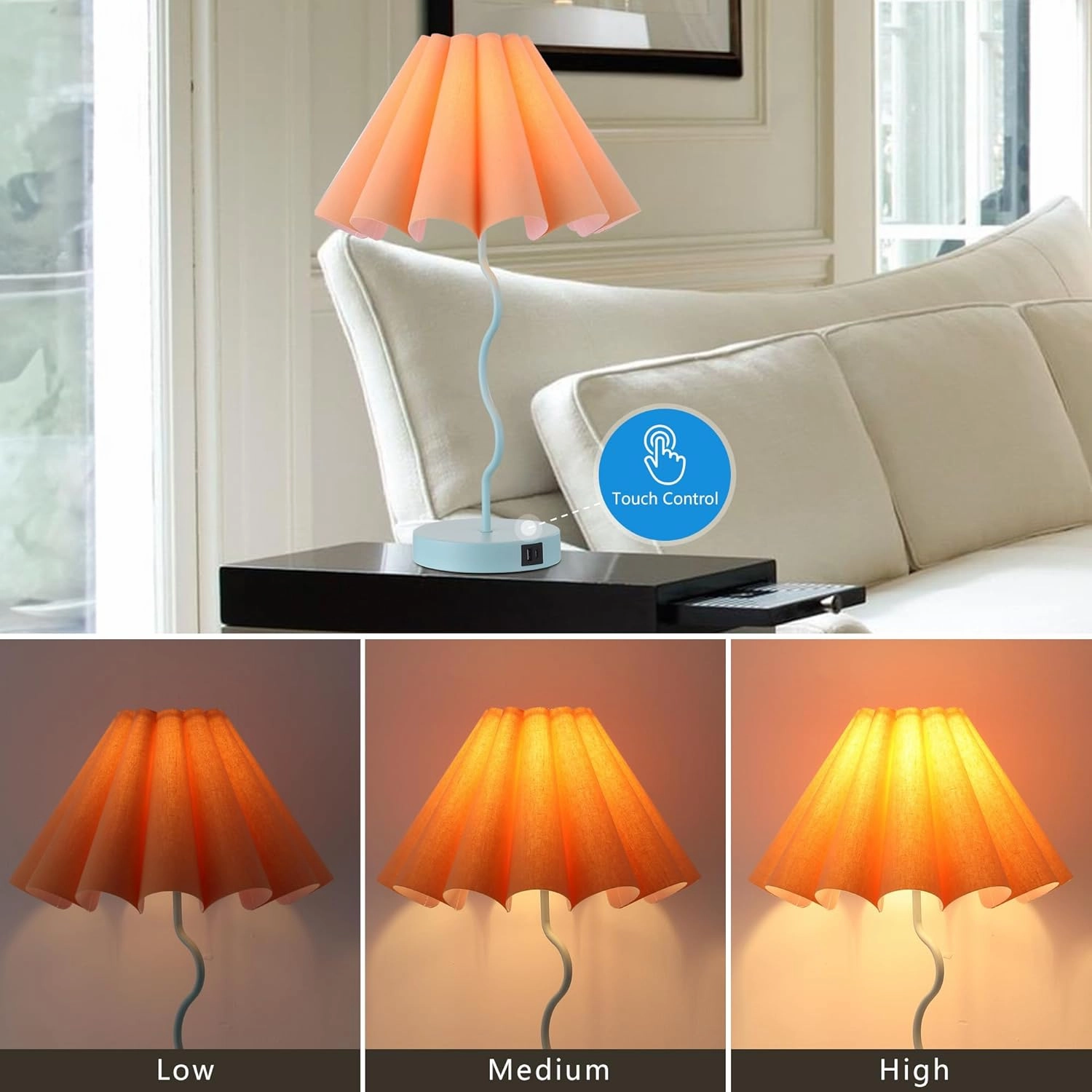 Modern Table Lamp for Bedroom Nightstand Touch Lamps Set of 2 Orange Blue Lamps for Living Room End Table Dimmable Table Lamp with USB Port and Outlet