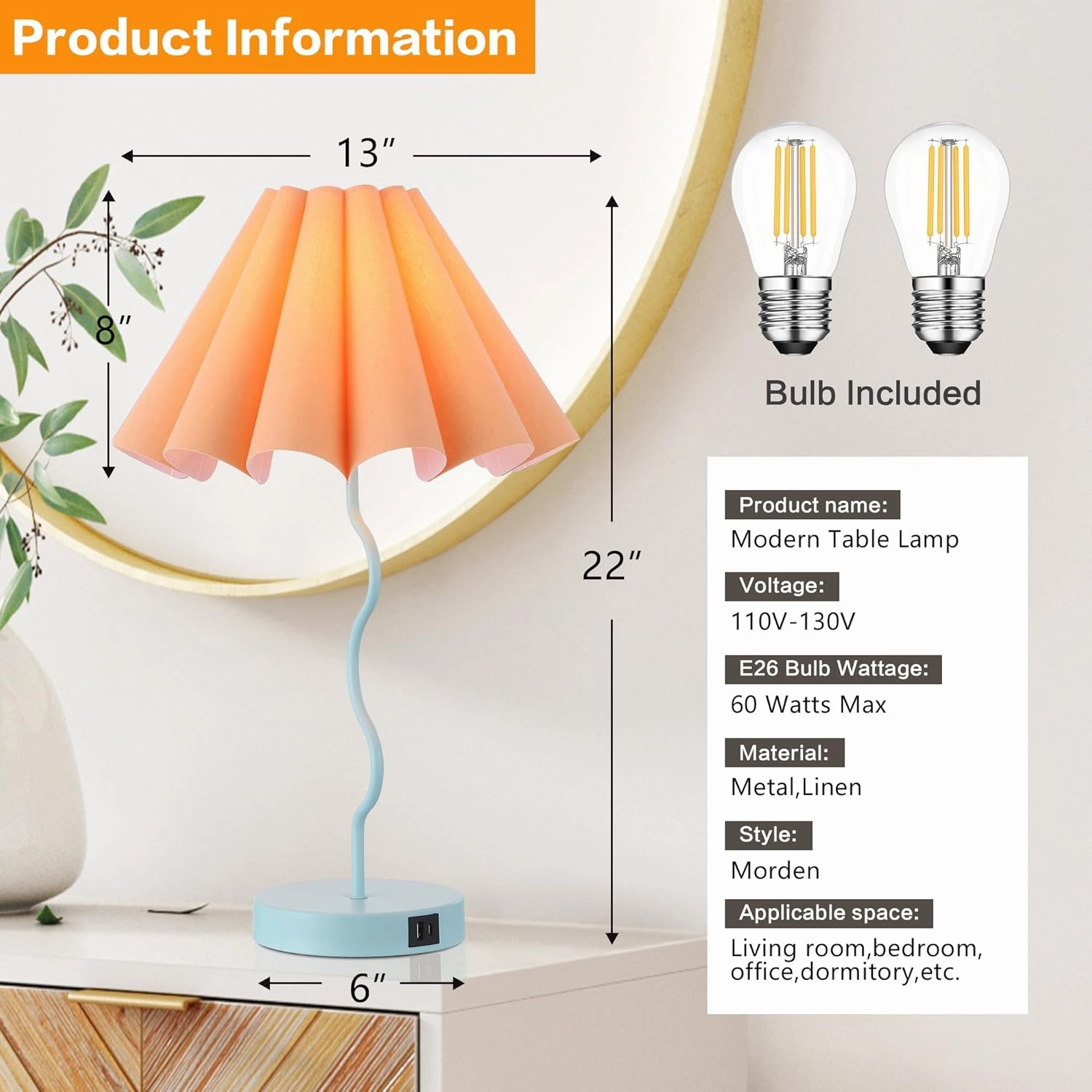 Modern Table Lamp for Bedroom Nightstand Touch Lamps Set of 2 Orange Blue Lamps for Living Room End Table Dimmable Table Lamp with USB Port and Outlet