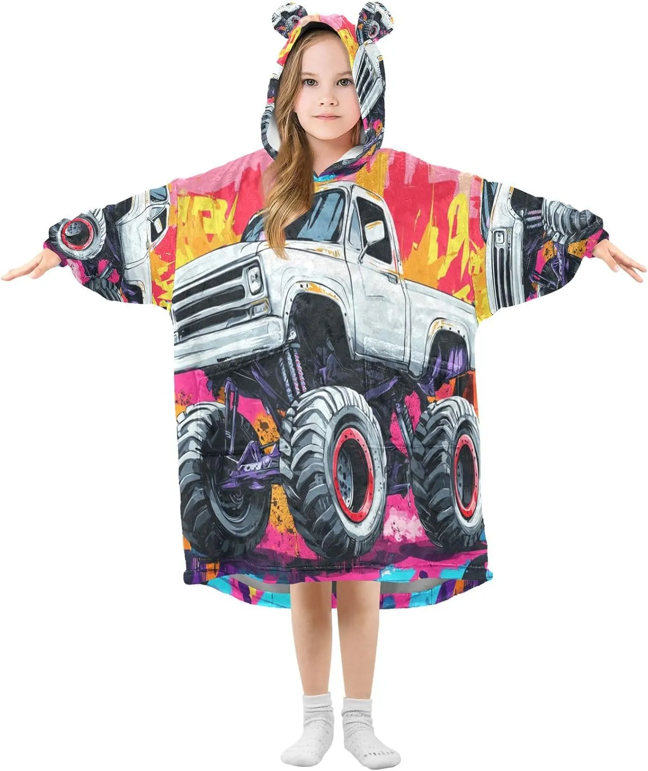 Monster Truck Colorful Wearable Blanket Hoodie Comfy Hoodie Oversized Sweatshirt for Gift Girls Boys