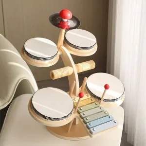Monte Bear Kids Drum Set Toddler Baby Musical Instruments Montessori Preschool Music Toy Kids Drum Set Xylophone Tambourine Birthday Gift for Boys and Girls (Multifunctional Wooden Drum Set)