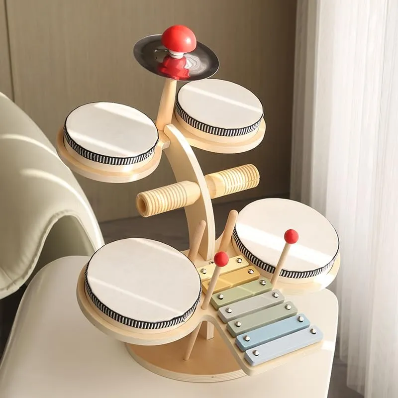 Monte Bear Kids Drum Set Toddler Baby Musical Instruments Montessori Preschool Music Toy Kids Drum Set Xylophone Tambourine Birthday Gift for Boys and Girls (Multifunctional Wooden Drum Set)