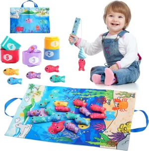 Montessori Toys for 1 Year Old- Easter Basket Stuffers Toddler Toys Gifts for Boys&Girls Age 1 2 3 Years Old, Cloth Fishing Game for Toddlers 1-3 with Stacking Cups, Number Counting, Color Sorting
