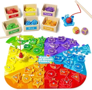 Montessori Toys for Toddlers 1-3, Magnetic Fishing Game for Kids 2-4, Color & Shape Sorter Educational Learning Toys with Wooden Box & Puzzle for Boys Girls 3-5