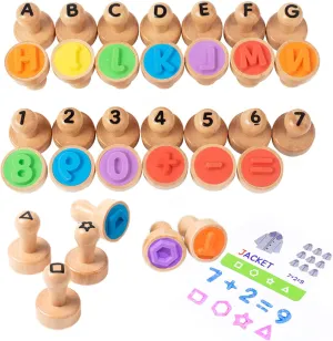 Montessori Wooden Alphabet Number Shape Stamps Set, ABC Spelling Letter Stampers and Mathematics Shapes Learning Flashcard, Preschool Educational Toy Gifts for 3 4 5 Year Old