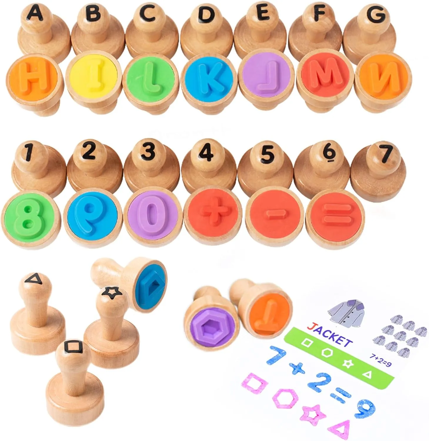 Montessori Wooden Alphabet Number Shape Stamps Set, ABC Spelling Letter Stampers and Mathematics Shapes Learning Flashcard, Preschool Educational Toy Gifts for 3 4 5 Year Old