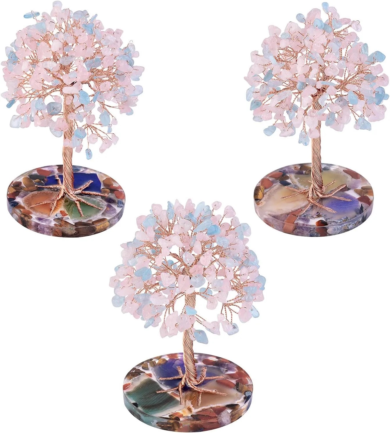 mookaitedecor Natural Aquamarine & Rose Quartz Crystal Tree with Agate Slice Base Money Tree Luck Feng Shui Decoration for Home & Office, 4.7-5.5 Inches