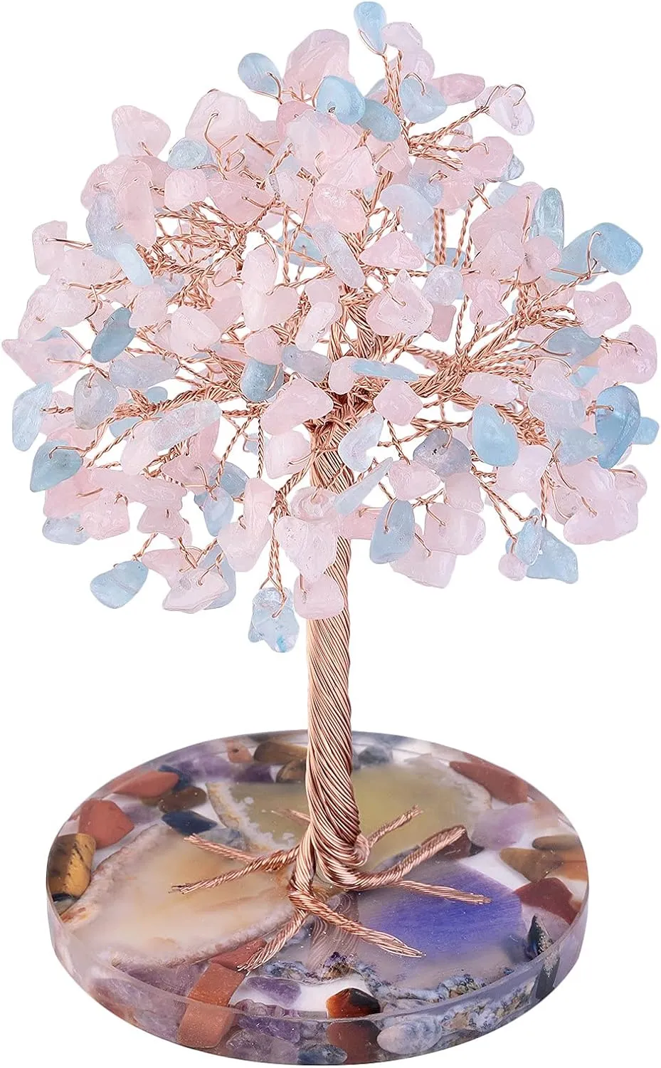 mookaitedecor Natural Aquamarine & Rose Quartz Crystal Tree with Agate Slice Base Money Tree Luck Feng Shui Decoration for Home & Office, 4.7-5.5 Inches
