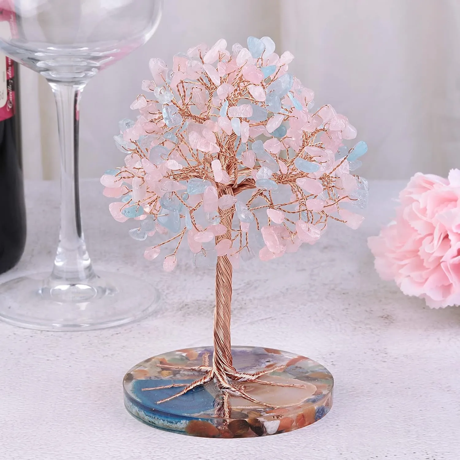 mookaitedecor Natural Aquamarine & Rose Quartz Crystal Tree with Agate Slice Base Money Tree Luck Feng Shui Decoration for Home & Office, 4.7-5.5 Inches