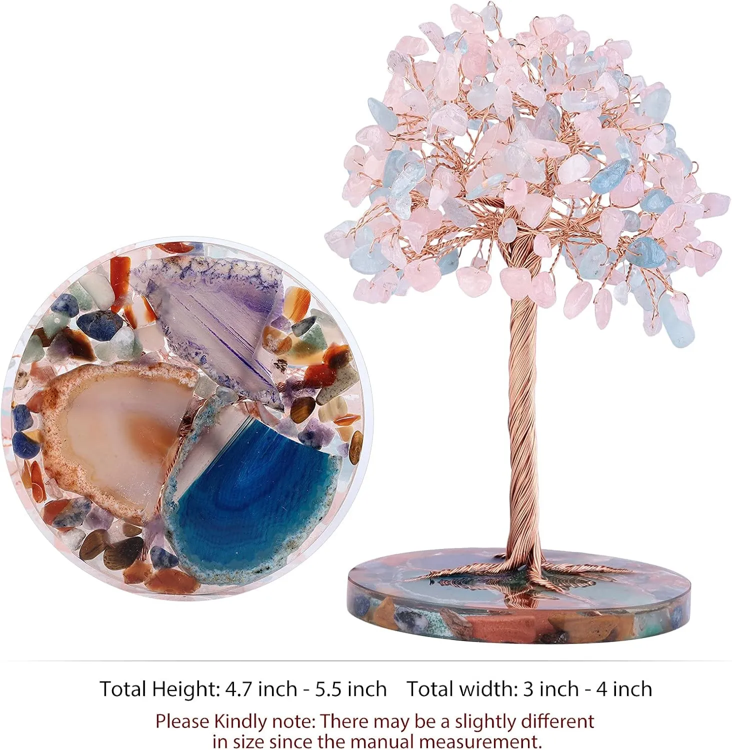 mookaitedecor Natural Aquamarine & Rose Quartz Crystal Tree with Agate Slice Base Money Tree Luck Feng Shui Decoration for Home & Office, 4.7-5.5 Inches