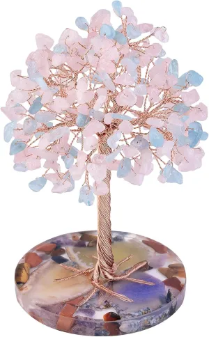 mookaitedecor Natural Aquamarine & Rose Quartz Crystal Tree with Agate Slice Base Money Tree Luck Feng Shui Decoration for Home & Office, 4.7-5.5 Inches