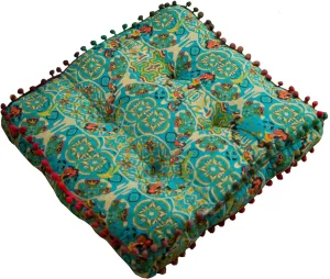 Moroccan Printed Square Chair Pads Cotton Linen Soft Comfort Chair Cushion Colorful Pompom Seat Cushions for Indoor Dining Room and Kitchen Chairs (Blue,16x16 Inch)