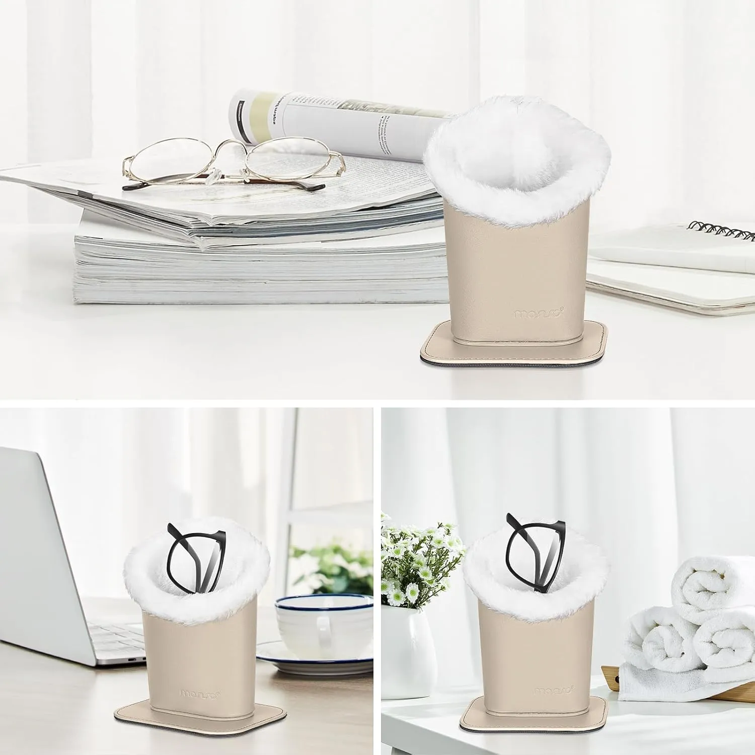 MOSISO Eyeglasses Holder, Plush Lined PU Leather Stand Case with Magnetic Base