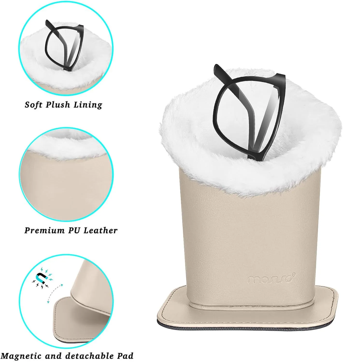 MOSISO Eyeglasses Holder, Plush Lined PU Leather Stand Case with Magnetic Base