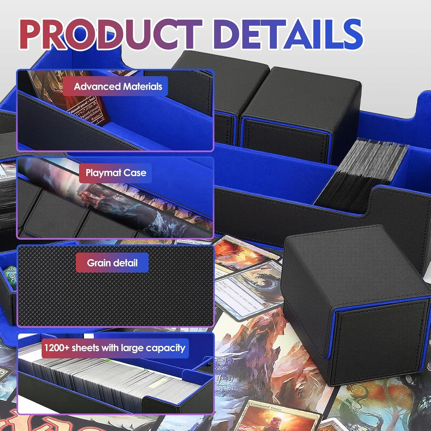 MTG Card Storage Box - Includes 5 Small Deck Boxes, Holds 1800  Sleeved Cards, Comes with Playmat Case and Strong Magnetic Closure ((800  Includes 5 - Black & Blue)