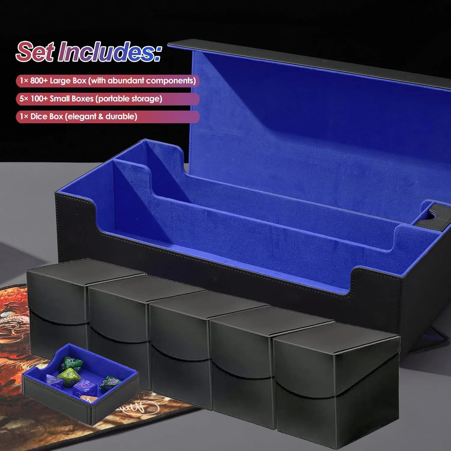 MTG Card Storage Box - Includes 5 Small Deck Boxes, Holds 1800  Sleeved Cards, Comes with Playmat Case and Strong Magnetic Closure ((800  Includes 5 - Black & Blue)