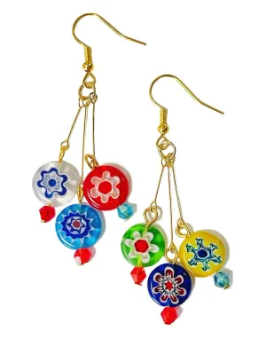 Murano Style Glass Earrings, Colorful Millefiori Beads Drop Dangle Earrings, 18k Gold Plated Multicolor Glass Jewelry, Trendy Gifts for Women Girls (Big Floral)