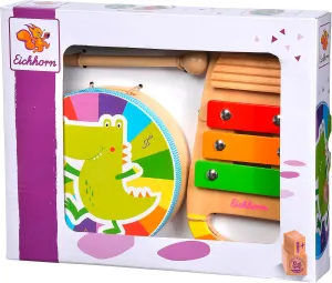 Music Set with Hand Drum and Xylophone with Ratchet, 3 Pieces, Made of Birch and Plywood, from 1 Year