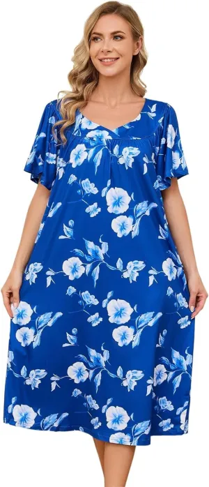 Muumuu House Dresses for Women Nightgown Duster Moomoo Short Sleeve Patio Dress with Pockets S-3XL