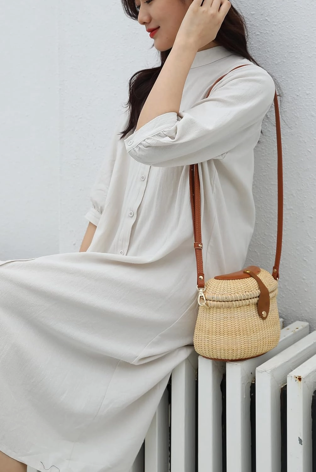 Nantucket Crescent Purse Basket Shoulder Leather Straps Natural Chic Hand Handwoven Purse Crossbody Rattan Bag