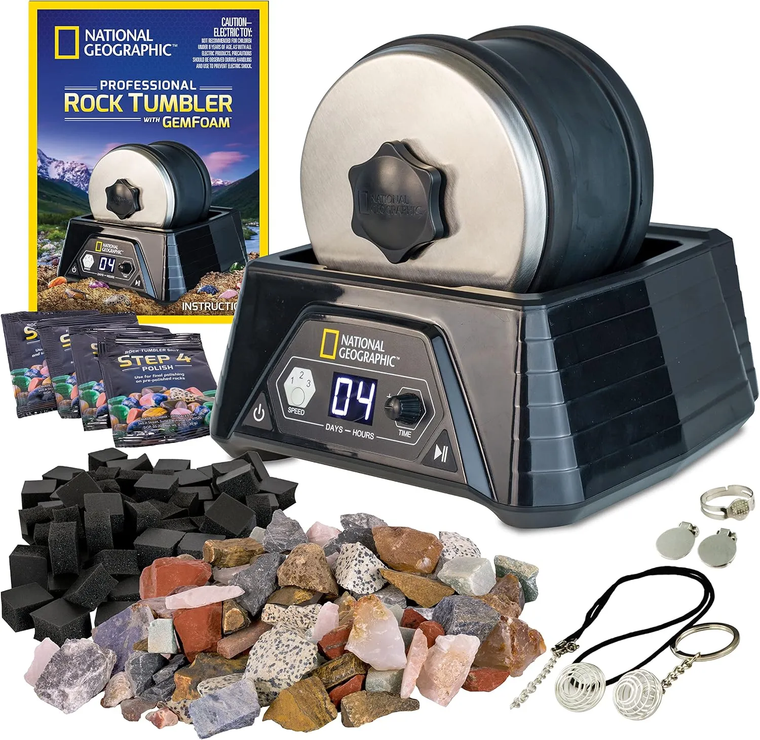 National Geographic Professional Rock Tumbler Kit – Extra Large 2 Lb. Barrel with 3-Speed Motor & 9-Day Timer – Geology DIY Kits for Adults, Rock Collection Hobby, Great Educational STEM Science Kit