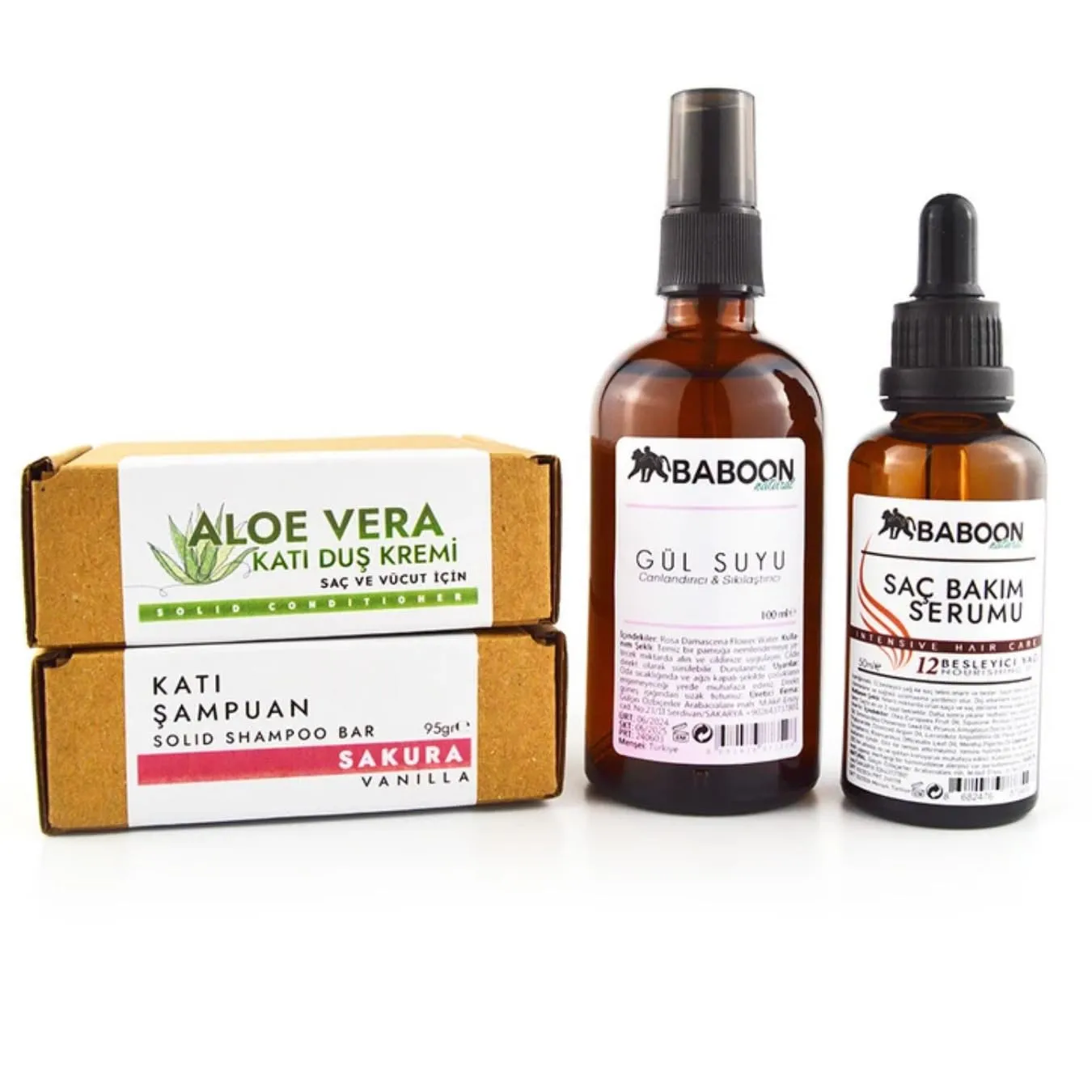 Natural Care Set for Dry Hair (Sakura Shampoo Bar, Aloe Conditioner Bar, Rose Water, Serum)