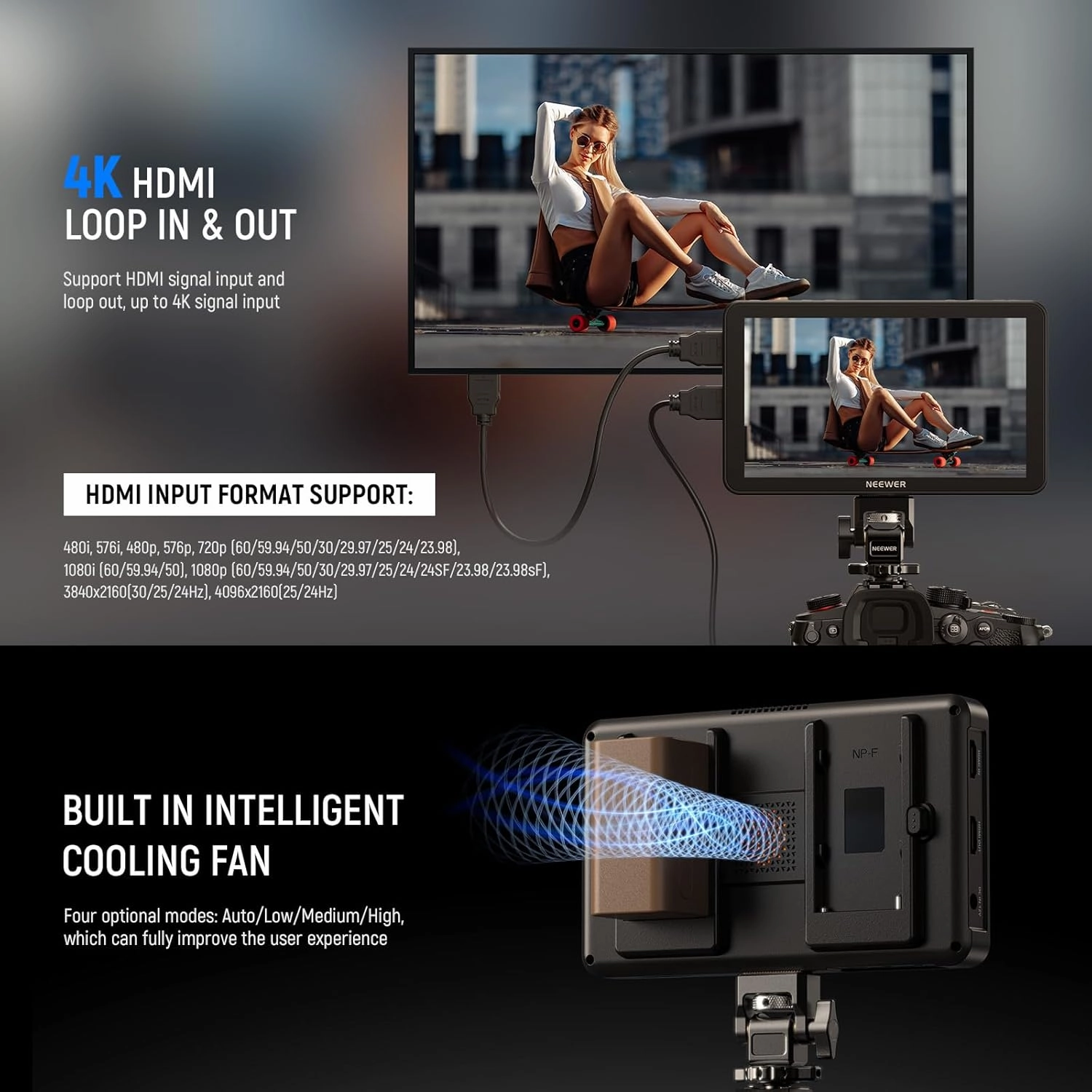 NEEWER F700 7" Camera Field Monitor, 2000nit HD 1920x1080 IPS Touch Screen 3D LUT, 4K HDMI Loop in/Out Peak Focus DSLR Video Assist HDR Waveform, Cold Shoe Mount, 2 NP-F750 Batteries, Cleaning Cloth