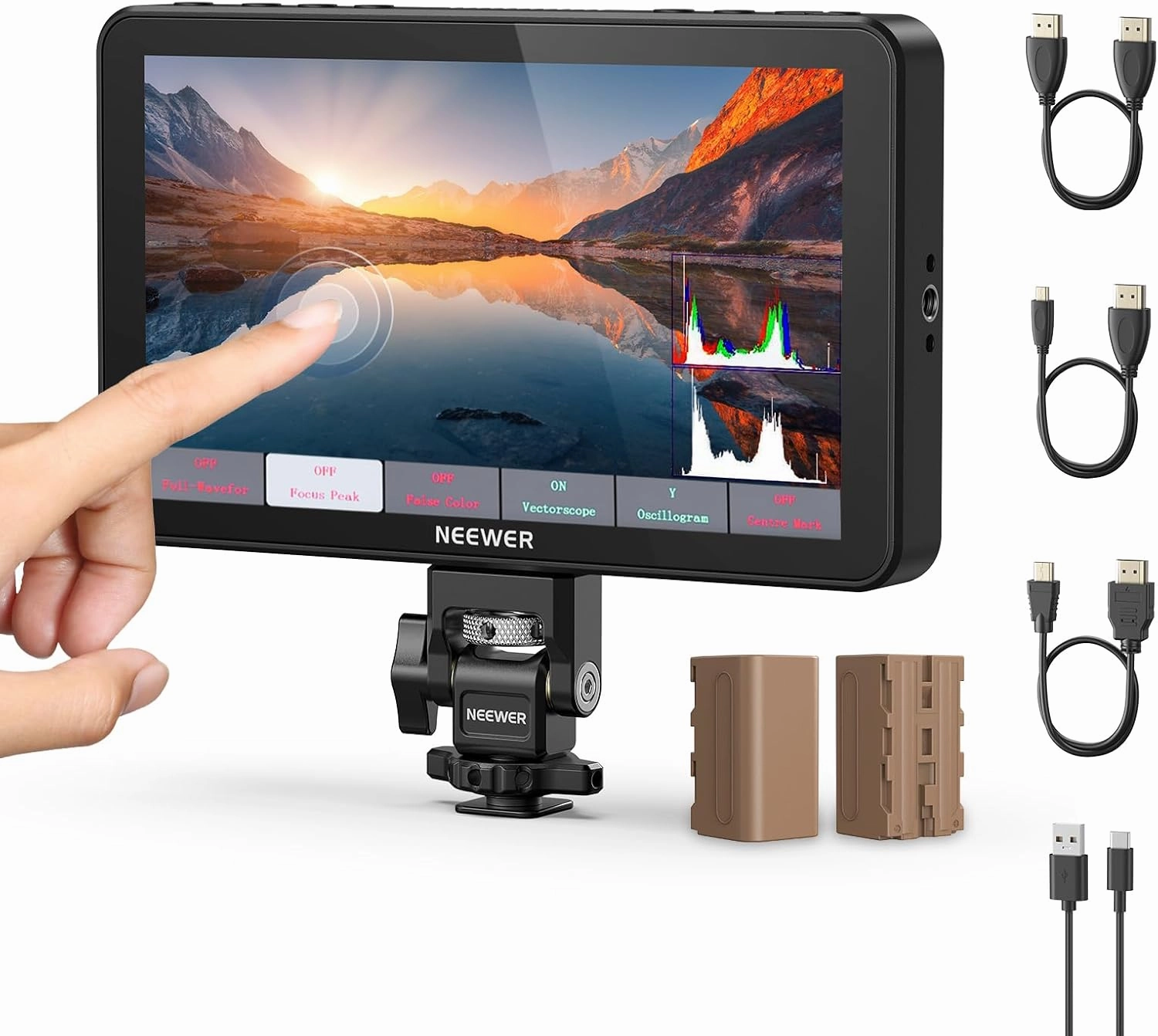 NEEWER F700 7" Camera Field Monitor, 2000nit HD 1920x1080 IPS Touch Screen 3D LUT, 4K HDMI Loop in/Out Peak Focus DSLR Video Assist HDR Waveform, Cold Shoe Mount, 2 NP-F750 Batteries, Cleaning Cloth