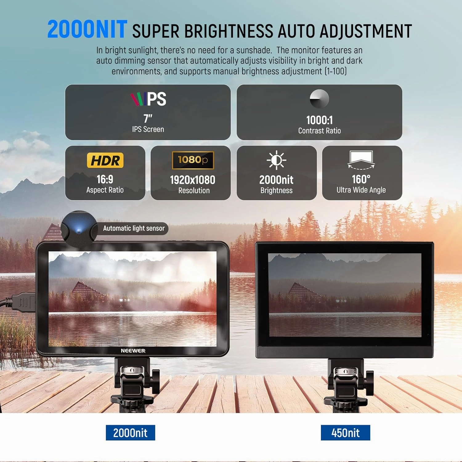 NEEWER F700 7" Camera Field Monitor, 2000nit HD 1920x1080 IPS Touch Screen 3D LUT, 4K HDMI Loop in/Out Peak Focus DSLR Video Assist HDR Waveform, Cold Shoe Mount, 2 NP-F750 Batteries, Cleaning Cloth