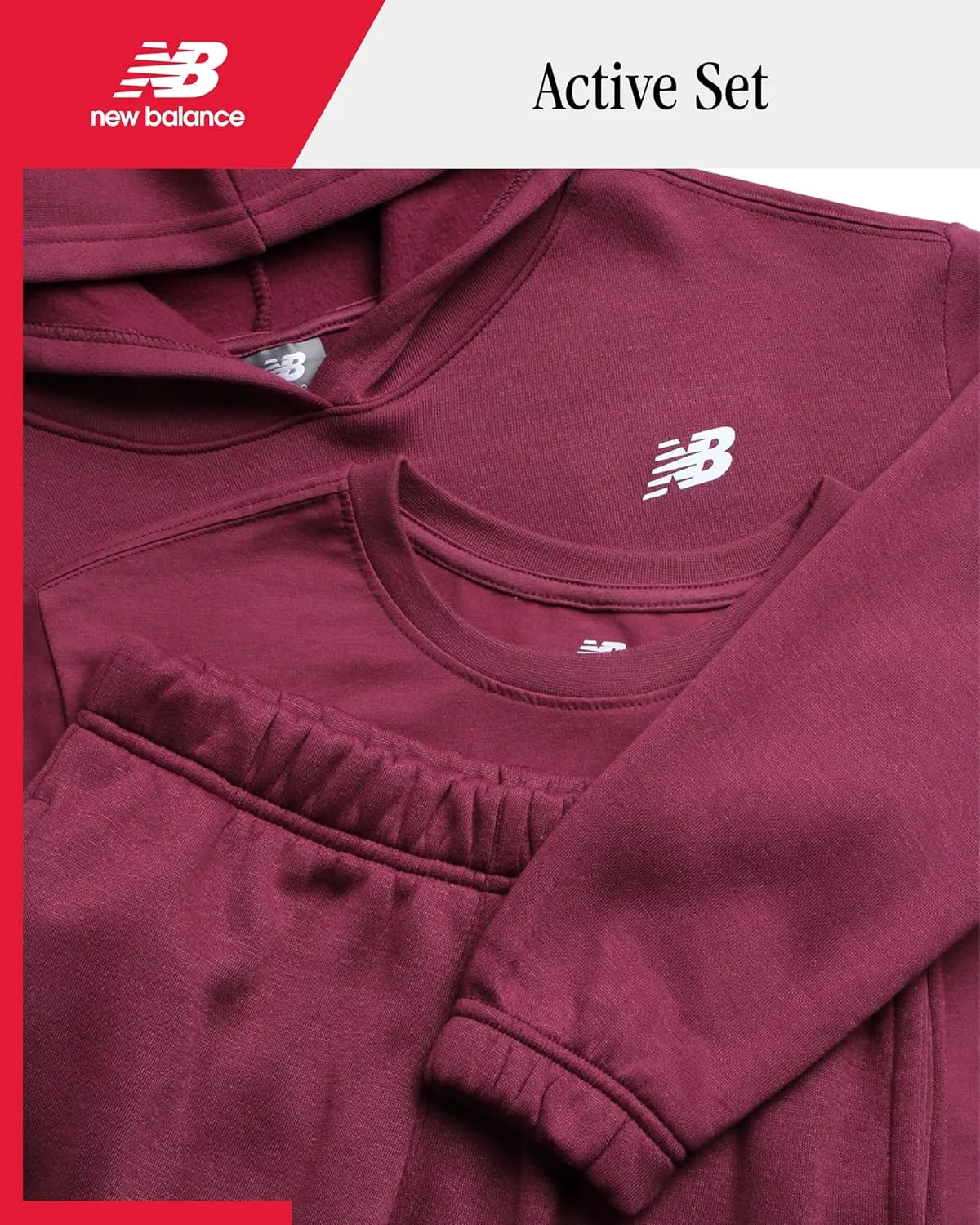New Balance Girls' Sweatsuit Set - 3 Piece Active Poly Fleece Pullover Hoodie, Graphic Tee, and Jogger Pants for Girls (7-12)