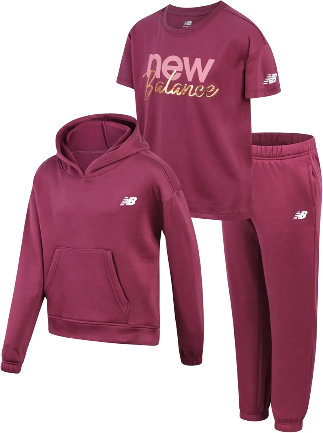 New Balance Girls' Sweatsuit Set - 3 Piece Active Poly Fleece Pullover Hoodie, Graphic Tee, and Jogger Pants for Girls (7-12)