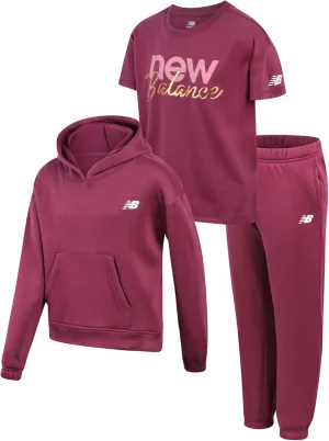 New Balance Girls' Sweatsuit Set - 3 Piece Active Poly Fleece Pullover Hoodie, Graphic Tee, and Jogger Pants for Girls (7-12)