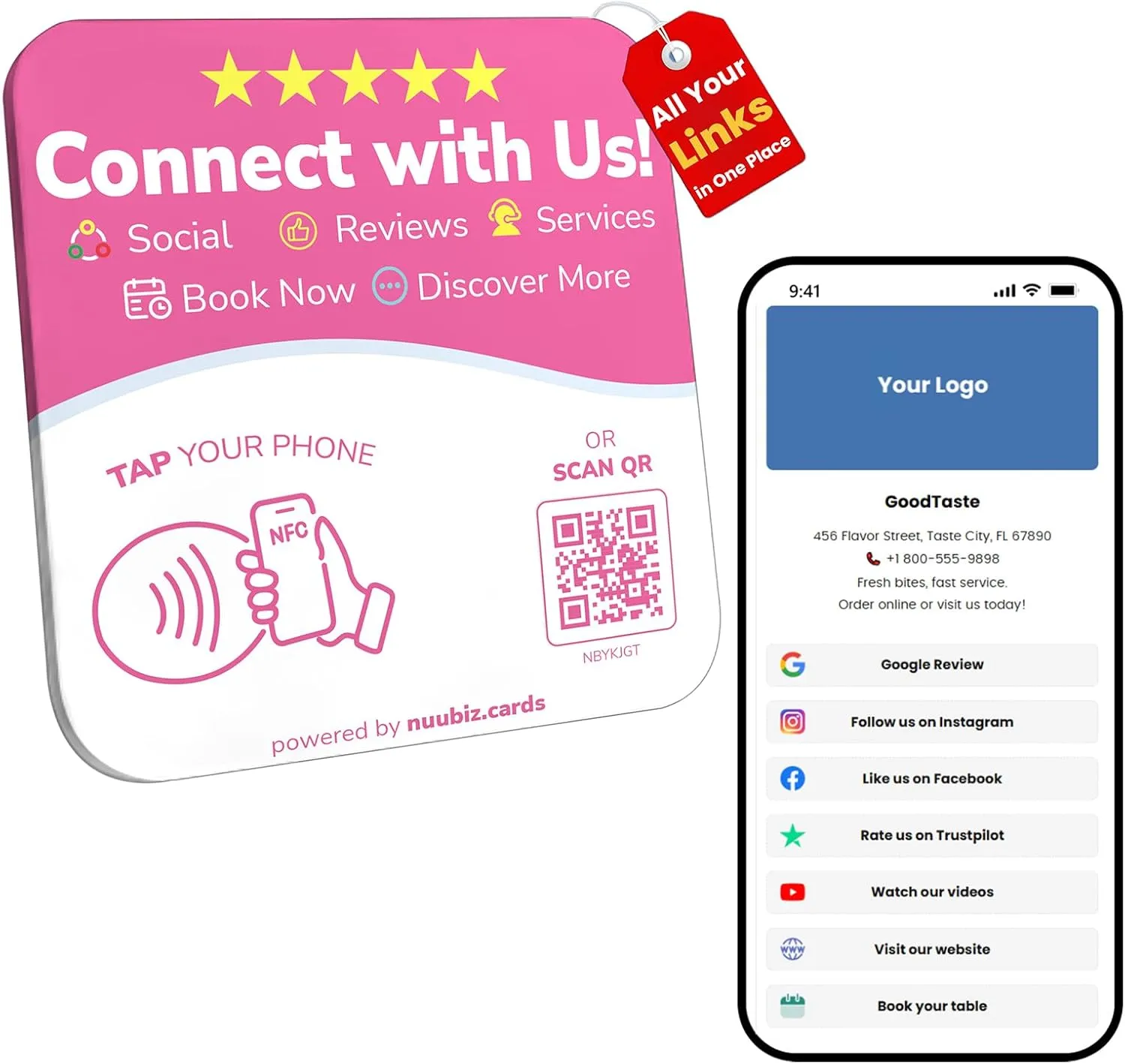 NFC Plate QR Code Sign–Multi Display: Social Media Sign & Google Review Tap Card–Connect Instagram, Facebook, Follow & Review Us, Booking–Business Display holder with Stand & Adhesive–No App, No Fees