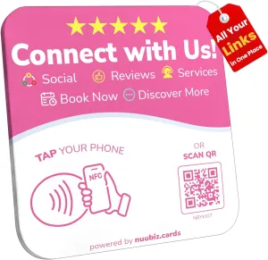 NFC Plate QR Code Sign–Multi Display: Social Media Sign & Google Review Tap Card–Connect Instagram, Facebook, Follow & Review Us, Booking–Business Display holder with Stand & Adhesive–No App, No Fees