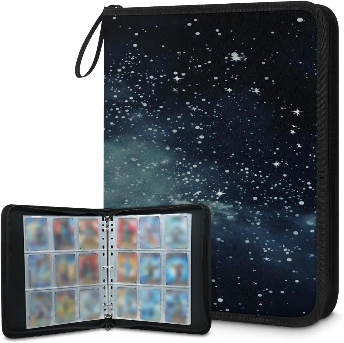 Night Sky 3 Ring Trading Zipper Binder Strap, Trading Card Binder 4 Pocket, 400 Pockets Card Holder with 50 Removable Sleeves for Game Cards