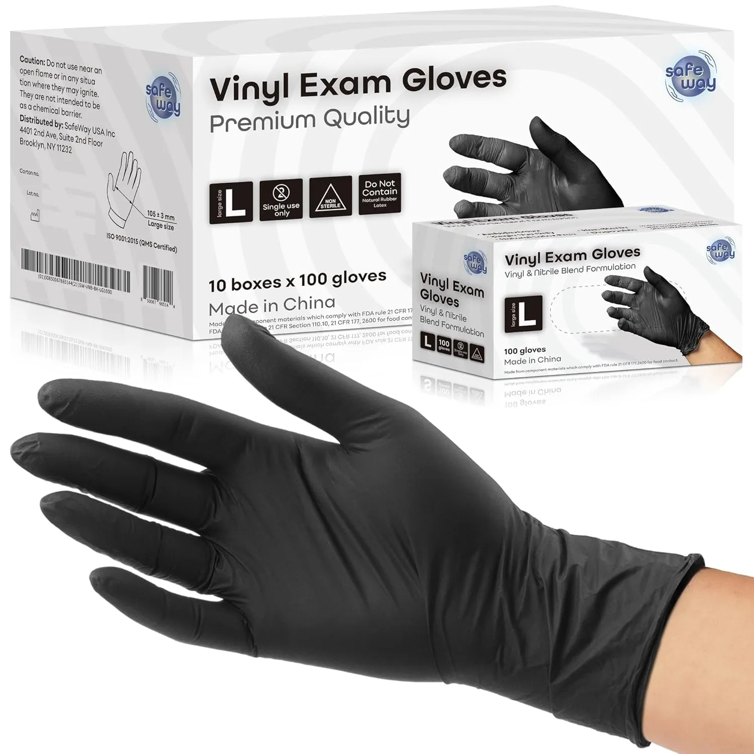 Nitrile-Vinyl Blended Disposable Gloves, Powder-Free & Non-Latex Gloves, 1000, Protective Gloves for Medical Exams, Cooking & Household Cleaning, 4 Mil Thick Non-Sterile Secure Grip Black, Large