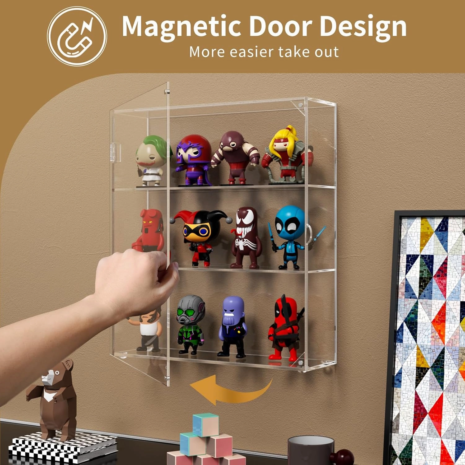 NIUBEE Acrylic Display Case, Clear Display Case for Funko Pop Figures, Wall Mounted or Desktop Dustproof Display Cabinet Box for Collectibles ,Rock,Crystals,Mini Toys,Amiibo (3 Tiers)
