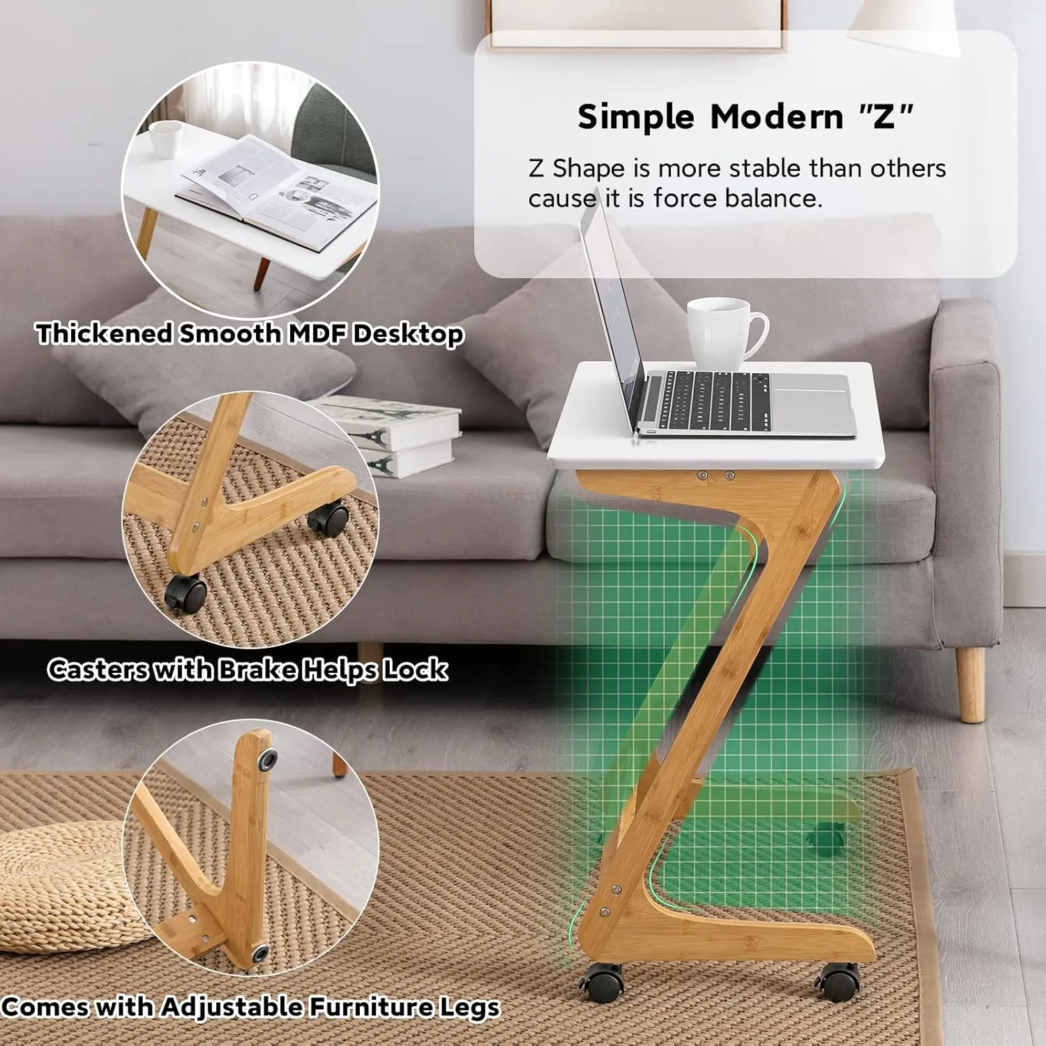 Nnewvante TV Tray Table with Wheels Sofa Side Table with Casters Couch Laptop Desk End Table Snack Tray for Living Room Bedroom Small Spaces White Bamboo Large 29.5'' x 15.8''