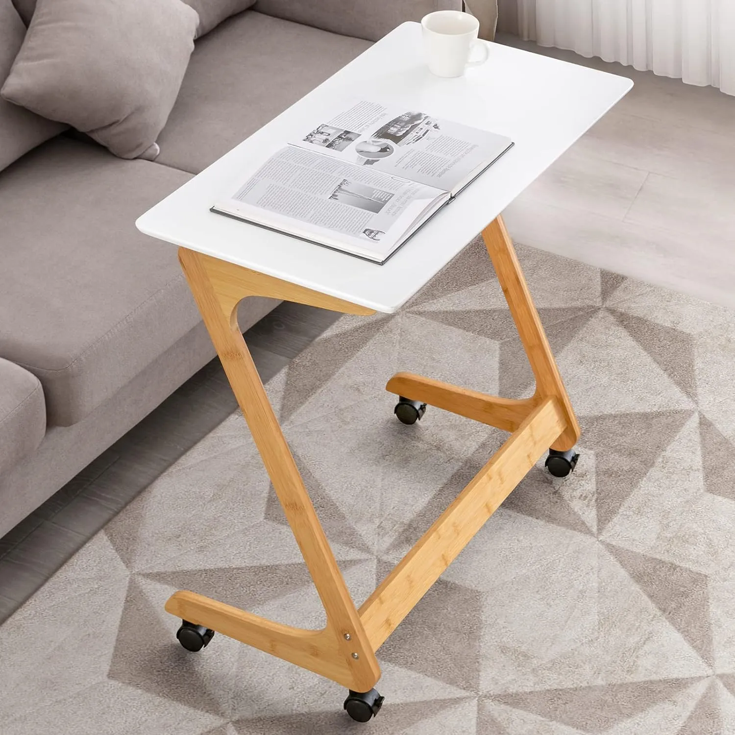 Nnewvante TV Tray Table with Wheels Sofa Side Table with Casters Couch Laptop Desk End Table Snack Tray for Living Room Bedroom Small Spaces White Bamboo Large 29.5'' x 15.8''