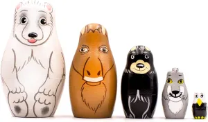 North American Animals Nesting Dolls Set 5 pcs - Wooden Stacking Animals - Matryoshka Dolls Polar Animals Figurines - Alaska Souvenirs