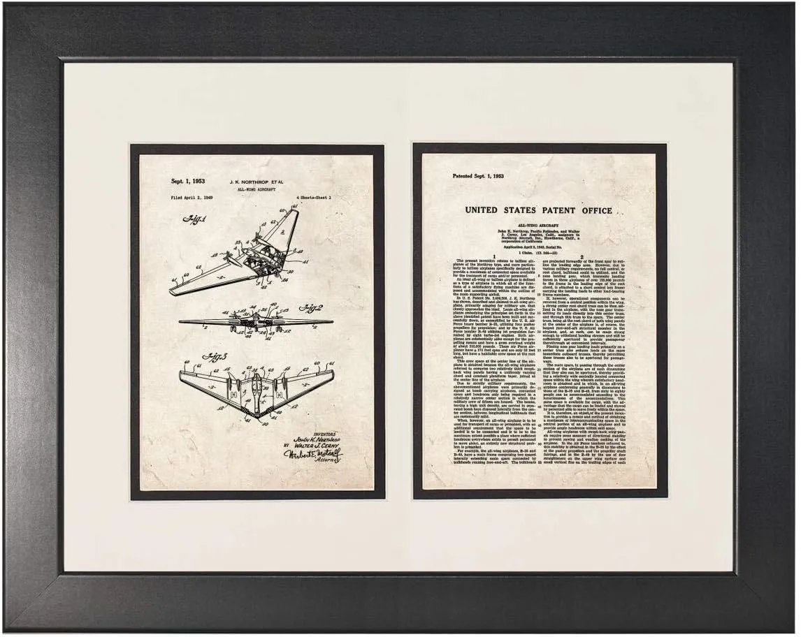 Northrop Grumman All Wing Aircraft Patent Art Old Look Print in a Smooth Black Frame with a Double Mat (20" x 24") M14107