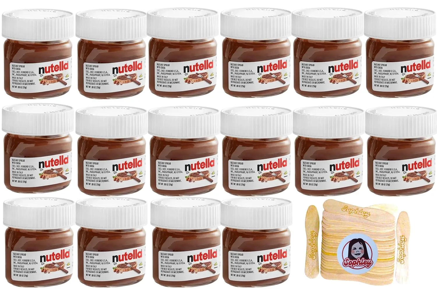 Nutella Hazelnut Spread 16 Mini Glass Jar 0.88 oz. Set with a Sophley 3" Eco-Friendly Unwrapped Wooden Taster Spoon - 50/Pack